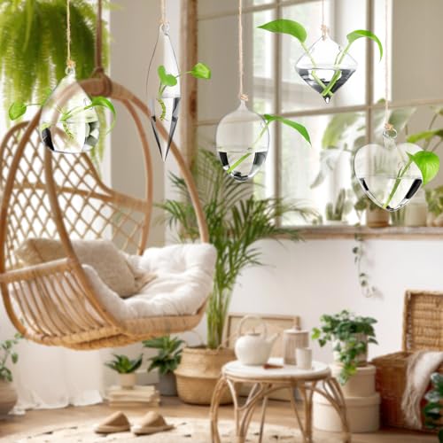 Zopeal 6 Set Wall Hanging Glass Planter Terrarium Propagation Station Vase Container Watering Squeeze Bottle with Rope and Hook for Hydroponic Plants Flower Home Decor Gifts (Classic Style)