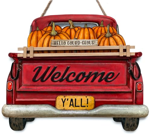 Interchangeable Welcome Sign for Front Door Red Farmhouse Truck Decor Hanging Sign with 11 Interchangeable Seasonal and Holiday Decor Signs 12x14 in. (Country Rustic) - style: Country Rustic