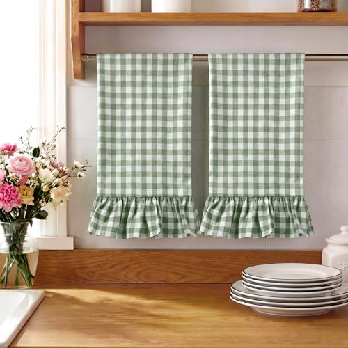 HunnmingRe Green Kitchen Towels Set of 2, 100% Cotton Ruffled Gingham Dish Towels 18"x28" Absorbent Tea Cloths Classic Plaid Pattern for Farmhouse Charm, Drying Dishes, Entertaining Guests - color: Green, style: Gingham
