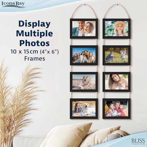 4x6 Hanging Picture Frames Collage with 8 Openings - Basic Black, 2 PK | Icona Bay casual style engineered wood frames, designed for wall hanging, space-saving photo display, Bliss collection - color: Basic Black, size: 4x6