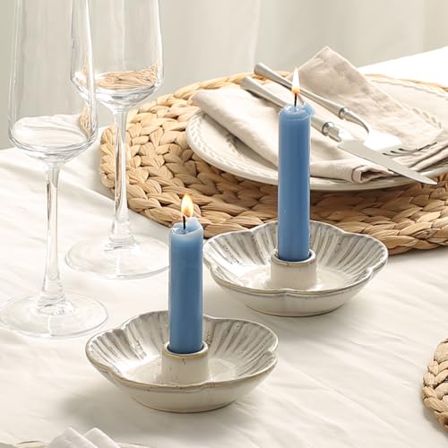 Ceramic Taper Candle Holder, 4.72 in Polished Round Base Tray | Low profile shape fits mantels, shelves, bars and dining tables without overwhelming small spaces. - color: Gray
