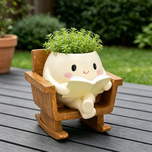Cute Rocking Chair Smiley Face Planter Pot for Indoor Outdoor | Unique Book Garden Plant Pots with Drainage, Funny Succulent Flower Pot Decorative, Mother Gifts for Birthday, Christmas