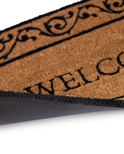 BIRDROCK HOME Welcome Coir Doormat with Scroll Border | 18 x 30 Inch | Standard Welcome Mat with Black Decorative Border | Natural Fade | Vinyl Backed | Outdoor