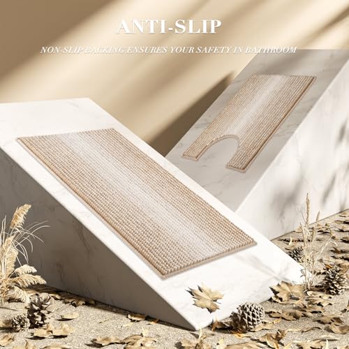 Bathroom Rugs Sets 3 Piece, Toilet Rugs U-Shaped Contour Bath Mat Set, Long Striped Absorbent Non Slip Chenille Shower Mat, Beige - color: Beige, size: 20"x47"+16"x24"+ U Shape 20"x24"