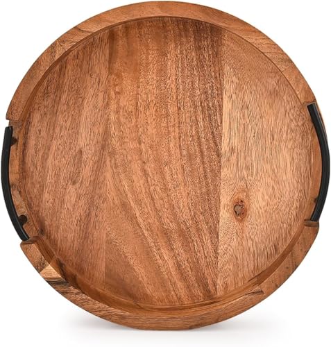 Acacia Wood Tray Round Rustic Farmhouse Wooden Platter for Coffee Table, Ottoman, Drinks, Breakfast with 2 Black Iron Handles (12" X 12" X 1.6")
