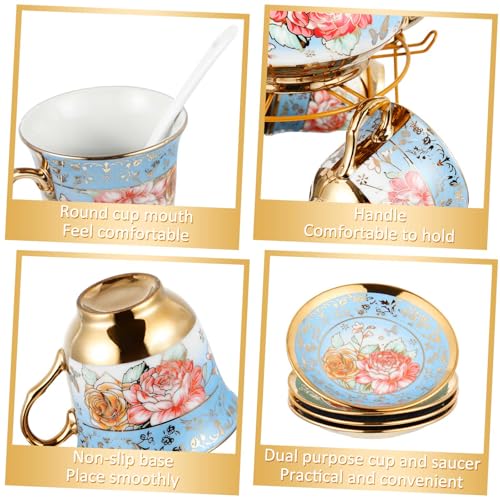 Zhehao 20 Pcs Porcelain Tea Set with Metal Holder and Spoon Adult Ceramic Tea Set European Flower Painting Teapot Cup Saucer Spoon for Women Mom Gift, Large Version (Simplicity Style) - color: Simplicity Style
