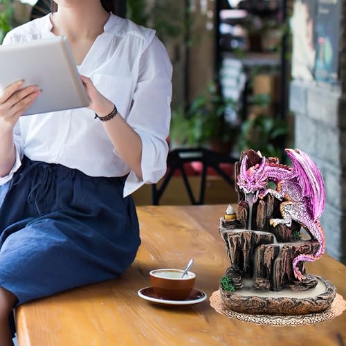 Dragon Backflow 2 Sided Mountain Waterfall Incense Burner,Fountain Smoke Incense Holder with Backflow Incense Cones, Tweezers, Mat,Resin Aromatherapy Meditationvaiuk (Purple) - color: Purple