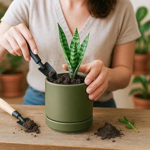 D'vine Dev 4-Pack Ceramic Pots with Saucers, Olive, 4.7 in, 94-X-B-0 | Glazed Ceramic, Drainage Hole and Saucer, Sleek Cylinder Shape, High Temperature Fired, Ideal for Small Houseplants - color: Olive, size: 4.7 Inch