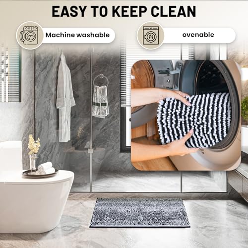 Chenille Bathroom Rugs Set 2 Piece, Absorbent Bath Rugs, Non-Slip Bath Mats, Machine Washable Rugs for Bathroom Floor, Tub and Shower, Black&White (20 × 32 Plus 17 ×24 - Inch) - color: Black &White