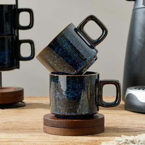 LUKA Porcelain Stackable Espresso Cups with Saucers and Metal Stand, 4 Ounce Small Ceramic Demitasse Cups Set for Latte, Specialty Coffee Drinks, Cafe Mocha,Tea - Set of 4, Reactive Blue - color: Reactive Blue