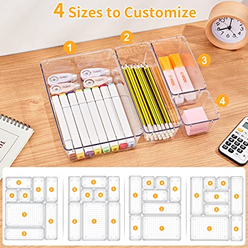 SMARTAKE 28 Piece Drawer Organizers with Non-Slip Silicone Pads, 4-Size | Clear Desk Bathroom Drawer Organizer Trays Storage Tray for Makeup, Jewelry, Utensils in Bedroom Dresser, Office and Kitchen - size: 28 PCS