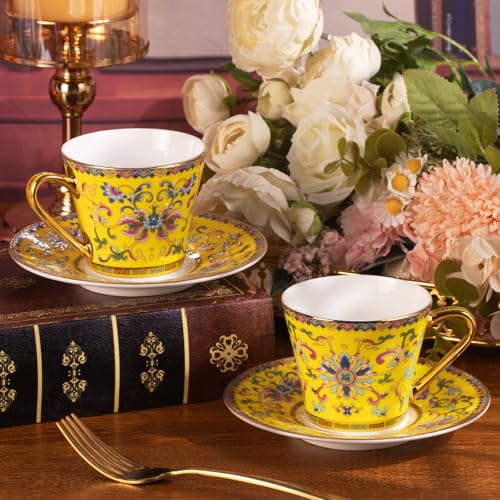 KAMMAK Tea Cup and Saucer, Ceramic Coffee Cups, 7.8oz, Set of 2 | Porcelain Tea Cups with Saucers for Coffee and Cappuccino, Ideal for Breakfast, Afternoon Tea and Entertaining,623N - style: 623N