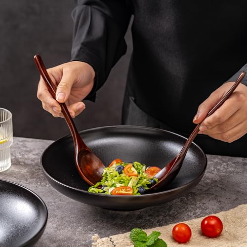 Ceramic Serving Bowls with Wooden Spoons Set of 2, Large Serving Bowl for Dinner Salad Soup Pasta Dessert Fish Fruit Chicken Bread, Oven Dishwasher Safe, 50oz Bowl for Entertaining, 9.75" Pure Black - color: Black
