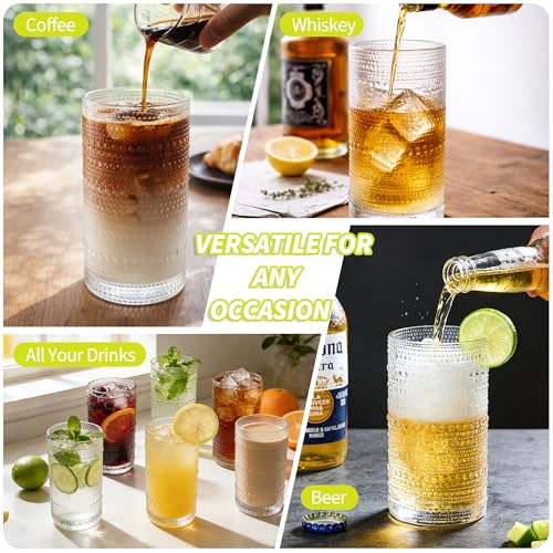 Large Hobnail Drinking Glasses with Straws, 16 oz/480 ml, 6 Pack | Vintage Hobnail Glassware Highball Glasses for Cocktail, Juice, Whiskey, Beer, Milk and Various Mixed Drinks