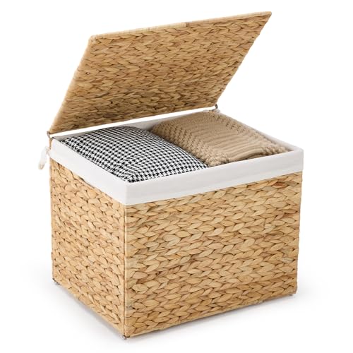 Water Hyacinth Storage Basket with Lid, 21.1 Gallon (80L) Wicker Shelf Basket with Removable Liner, Wicker Storage Basket for Blanket, for Livingroom, Bedroom, Natural - size: 19.7"L x 15.75"W x 15.75"H