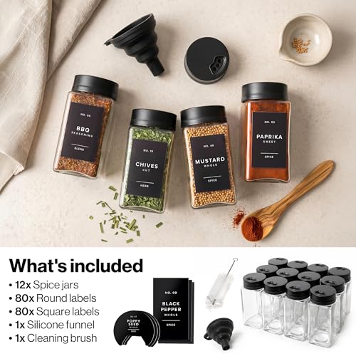 Glass Spice Jars with Labels & Black Rotating Lids – 12 Large Square Airtight Containers 6.7 oz / 200ml with Shaker Inserts, Funnel & 160 Waterproof Labels for Kitchen Pantry Organization