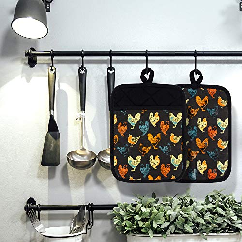 Pot Holders Set of 2,Non Slip Clear Silicone Printed Potholdes | Resistant 480 ℉,Comfortable Cotton Lining Kitchen Women Men Cooking Baking Microwave (Rooster, Black Potholders) - color: Rooster, Black Potholders