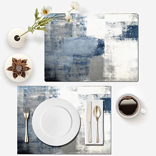 Mcalk Dusty Blue Table Runner and Placemats Set of 6 Pieces, Pink Flower Placemats Modern Art,Abstract Art Cloth Place Mats Indoor for Kitchen,Washable Placemats Linen Material for Dining Table - color: 01grey and Blue