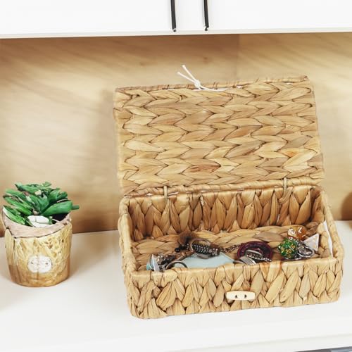 Water Hyacinth Wicker Storage Basket with Lid, X-Small | 9 x 5.1 x 3 Inch Box, Shelf Organizer, Rectangular Woven Bin, Small Item Storage, Natural Home Decor - size: X-Small