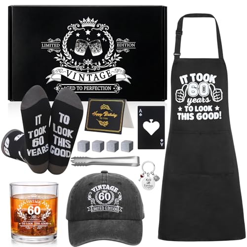 60th Birthday Gifts for Men 60th Birthday Party Supplies | Include 11 Oz Glass Stone Ice Tong Bottle Opener Cap Apron Socks Keychain Greeting Card for Him, Dad, Husband, Friends - style: 60th
