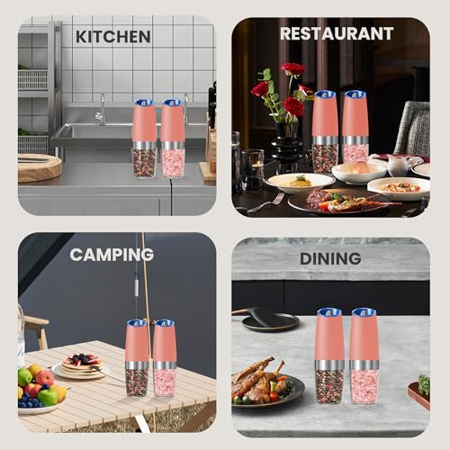 Battery Operated Salt And Pepper Grinder Set 2 Pack (Pink) | Gravity-Activated Automatic Grinder With Led Light & Adjustable Coarseness, Each Uses 6 Aaa Batteries,Kitchen Daily Seasoning - color: Battery/2pcs/Pink