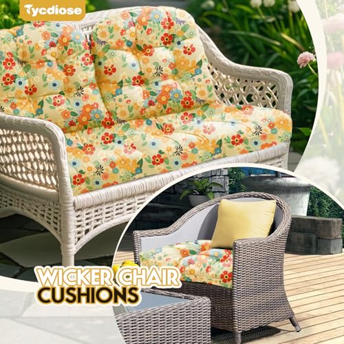 All Weather 3 Pieces Wicker Furniture Chair Cushions, Waterproof Outdoor Wicker Chair Cushion for Patio Furniture Loveseat Settee Bench, 1 Loveseat and 2 U-Shaped Thickened Cushions, Daisy - color: Daisy Cushion