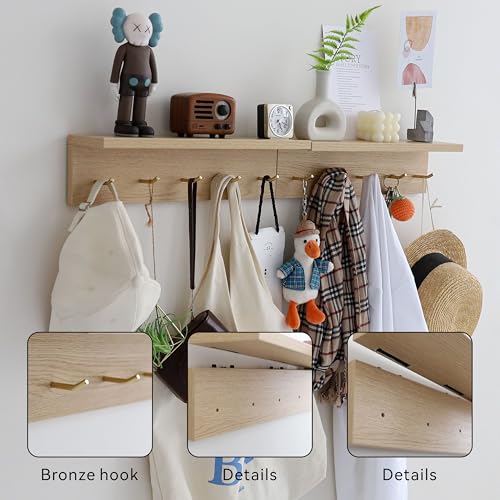 Marine Plywood Wall Mounted Coat Rack with Shelf & Key Hooks, 5 Brass Hooks Entryway Organizer, Modern Floating Shelf for Bedroom Hallway, Space-Saving Home Storage Rack (1, Oak Finish) - color: Oak Finish