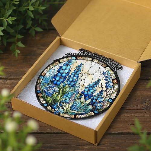 Stained Glass Window Hanging, Stained Glass Suncatcher, 8" Field of Texas Bluebonnets Sun Catchers Indoor Window Ornaments – Christmas Mother's Day Birthday Gifts for Women, Friends, Mom, Grandma - color: Bluebonnet