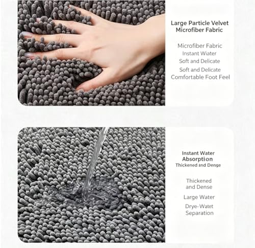 Thick Soft Fluffy Chenille Bath Mat,Super Absorbent Bathroom Mat,Non Slip Bath Rug for Bathroom Floor,Quick Drying Soft Touch Bath Mat (Grey,19.7 * 31.5in)