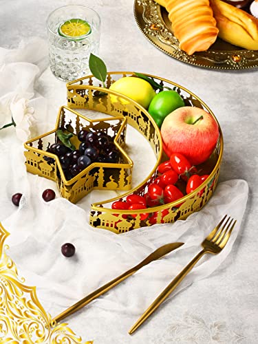 2PCS Ramadan Serving Trays Decorations for Home - Moon Star Shaped Eid Mubarak Table Decor Gifts, Islam Muslim Al-Fitr Iftar Party Crescent Iron Platters Dishes(Palace Pattern) - style: Palace