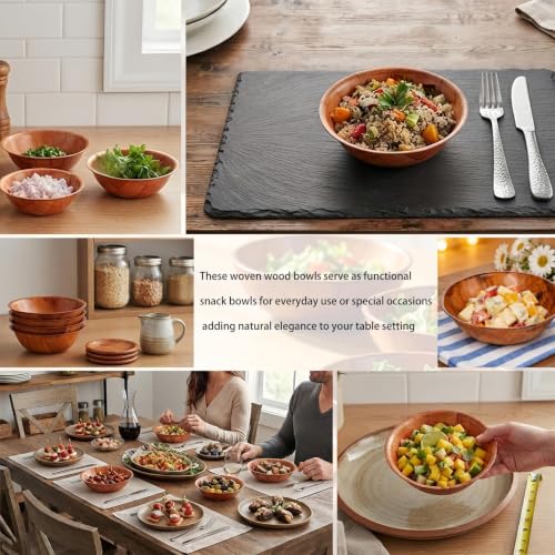 Woven Wood Salad Bowls, 6-Inch, Set of 6 | Small Wooden Snack Bowls, For Fruit, Side Dish & Popcorn, Natural Rustic Serving, Lightweight & Durable