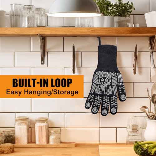 BBQ Gloves, 1472°F Heat Resistant with Silicone Grip Oven Mitts | Non-Slip Grip, for BBQ, Grilling, Oven, Smoker, Cooking and Baking - color: Gray, size: Long (Glove L 13.78" × Palm W 6.33")