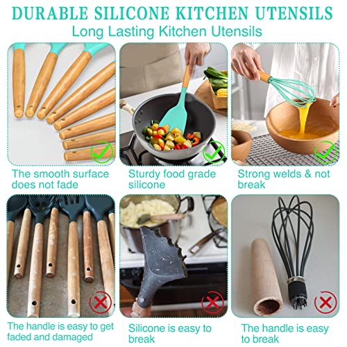 Umite Chef Kitchen Cooking Utensils Set, 24 pcs Non-stick Silicone Cooking Kitchen Utensils Spatula Set with Holder, Wooden Handle Heat Resistant Silicone Kitchen Gadgets Utensil Set (Green) - color: Green