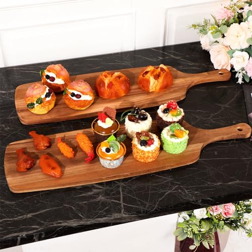 Kathfly 3 Pcs Acacia Wood Cutting Board with Handle Wooden Laser Kitchen Serving Charcuterie Board for Vegetables Meat Pizza Cheese Fruit Bread(24 x 7 Inch) - size: 24 x 7 Inch