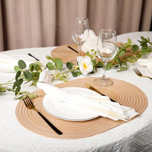 Beige Striped Oval Woven Placemats - Washable, Heat Resistant Cotton Blend Table Mats for Kitchen & Dining, Set of 6 - color: Light Khaki