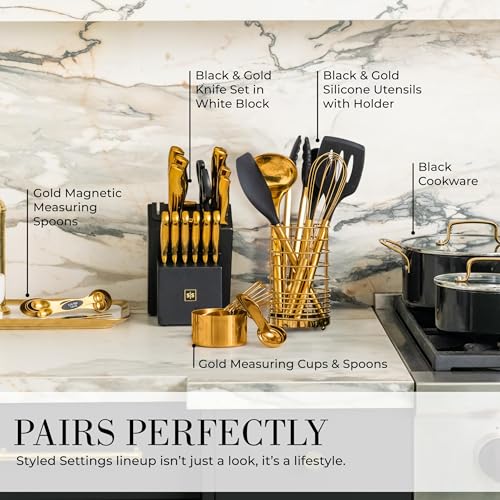 Styled Settings Black and Gold Kitchen Utensils Set, 15-Piece | Nonstick BPA-Free Silicone Cooking Utensils with Measuring Cups and Spoons - Luxury Kitchen Accessories for Stylish Cooking - color: 15 Piece Black & Gold