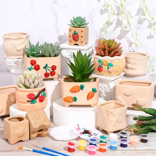 Hushee 12 Sets Ceramic Succulent Planters Paintable Succulent Plant Pots Small DIY Figurines Unpainted Pots with Drainage Hole Color Paints Paintbrushes Palettes - color: Fruit