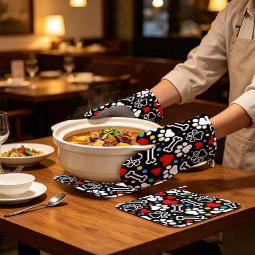 Colorful Dog Paw Oven Mitts and Pot Holders Sets Silicone Kitchen Mitts Potholders Heat Resistant 4Pcs Oven Gloves Hot Pads for Kitchen Baking Cooking - color: Colorful Dog Paw