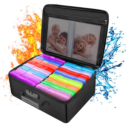 ENGPOW Fireproof Photo Storage Box with Lock,Photo Box Organizer with Divider&Mesh Bag,Collapsible Portable Photo Storage Containers with Handle for Photos, Picture,Scrapbook,Art,Craft(Box Only)