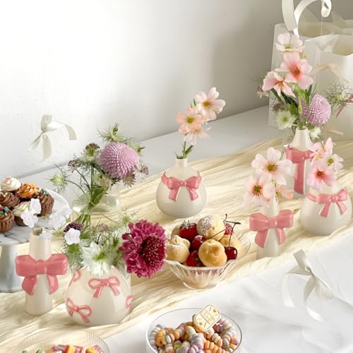 6 Pcs Pink Bow Vase Tiny Ceramic Bud Vase for Girl Coquette Home Decor Small Flower Vases Centerpieces Shelf Table for Living Room Wedding Baby Shower Decor