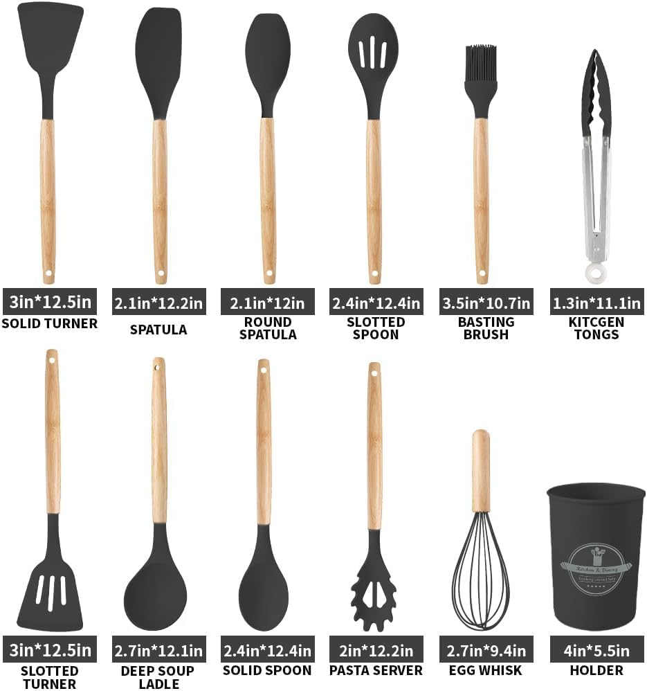 Silicone Cooking Utensils Kitchen Utensil Set - 446°F Heat Resistant Silicone Kitchen Utensils Set, Spatula,Turner Tongs, Spoon, Brush, Whisk,Kitchen Gadgets for Nonstick Cookware, BPA Free (Black) - color: Black
