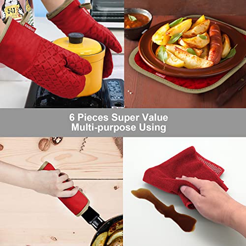 KEGOUU Oven Mitts and Pot Holders 6pcs Set, Kitchen Oven Glove High Heat Resistant 500 Degree Extra Long Oven Mitts and Potholder with Non-Slip Silicone Surface for Cooking (Red) - color: Red