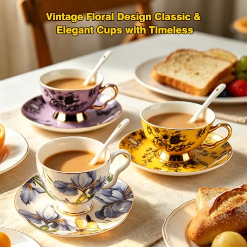 Bone China Tea Cup and Saucer Set with Spoon, 7 Oz Elegant Floral Teacup, British Style Porcelain Cup and Saucer, Gift for Women, Birthday and Christmas - color: flower-W01