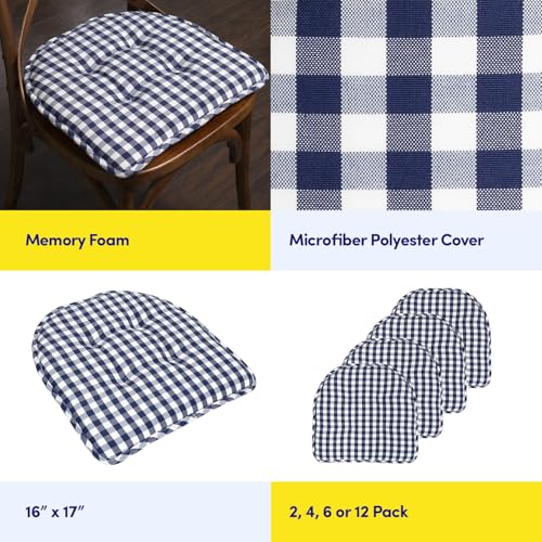 Sweet Home Collection Chair Cushion Memory Foam Pads Tufted Slip Non Skid Rubber Back U-Shaped 17" x 16" Seat Cover, 2 Count (Pack of 1), Checkered Navy/White - color: Checkered Navy/White, size: 2 Pack, style: Foam Pads
