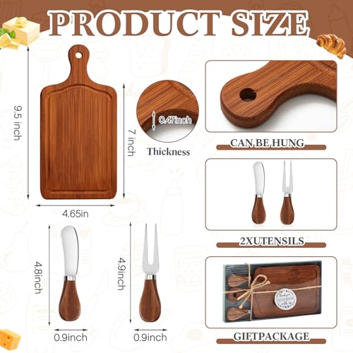 1 Set Bridal Baby Shower Cheese Prizes Wooden Square Board Gift Set Knives Forks Thank You Tags with Box for Guests for Valentines Bridal Baby Shower Housewarming (Carbonized Bamboo) - color: Carbonized Color