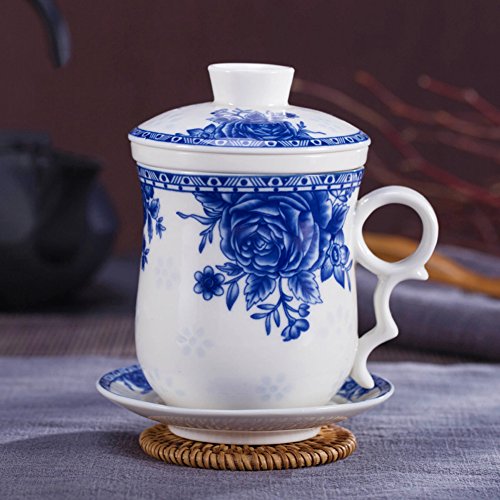 Porcelain Tea Cup with Infuser Lid and Saucer Sets - Chinese Jingdezhen Ceramics Coffee Mug Teacup Loose Leaf Tea Brewing System for Home Office - color: Exquisite Rose Blue and White