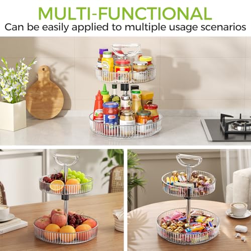 YCIA&DONE Premium 2-Tier Adjustable Lazy Susan Turntable Organizer 12 Inch Rotating Spice Rack for Cabinet, Kitchen Pantry Condiment Organizer with Deep Baskets and Handle, Transparent - color: Transparent