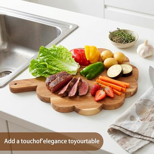 Scalloped Cutting Board with Handle, Acacia Wood Decorative Cutting Board | Round Kitchen Chopping Boards for Pizza, Bread, Cheese, Fruits, Vegetables, 12 x 10 x 0.63 Inch