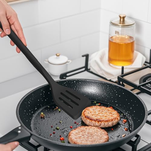 Silicone Cooking Utensils Set - 600°F Heat Resistant, Nonstick Kitchen Utensil Set with Spatulas, Spoons, Whisk, Tongs, BPA Free, Dishwasher Safe, Black - color: Black
