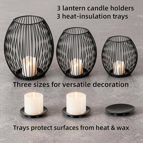 3-Piece Black Metal Lantern Candle Holder Set, Modern Lantern Decor for Home, Stylish Lanterns Decorative Indoor with Easy-Open Design and Heat-Resistant Trays